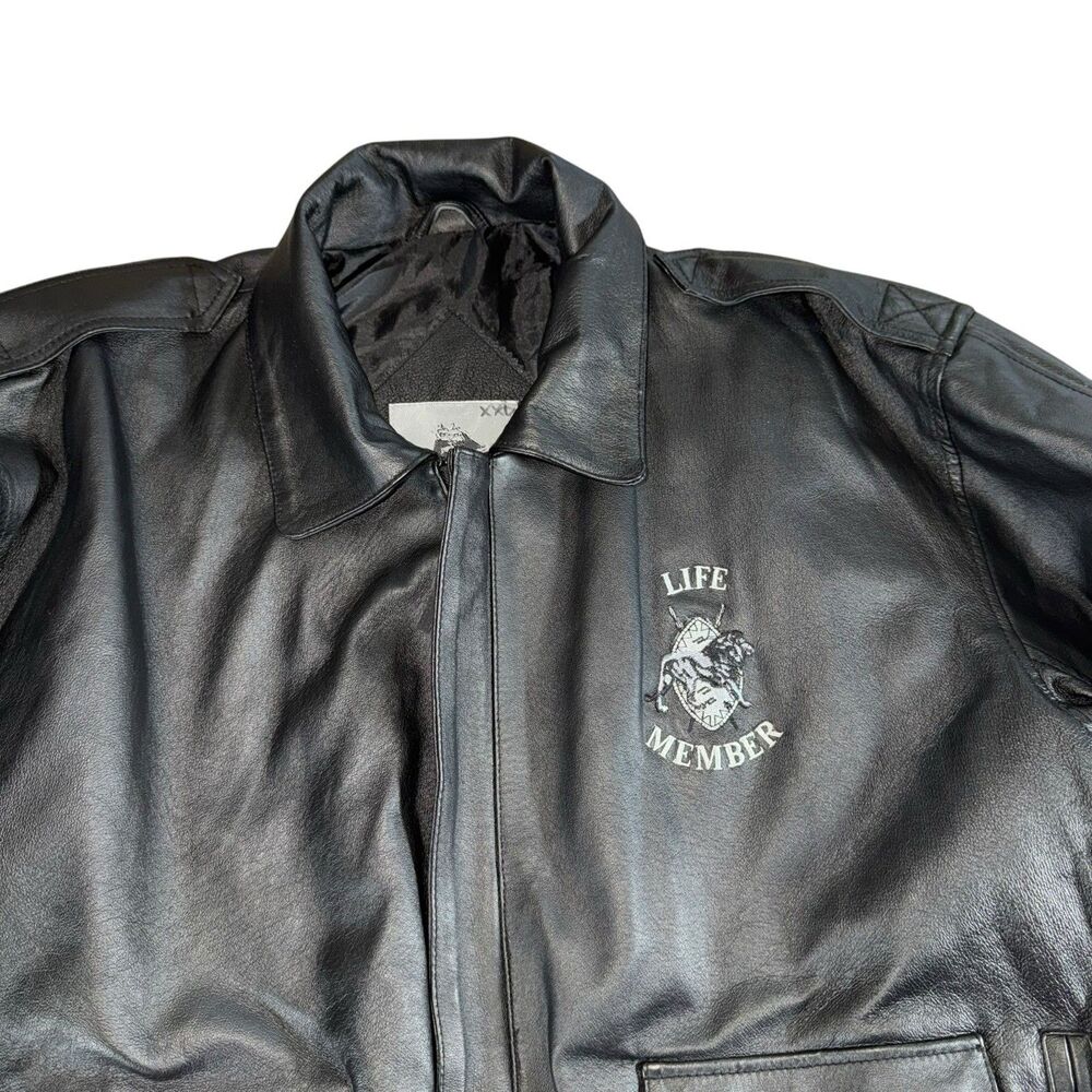 Vintage Burks‎ Bay Leather Jacket Men's XL Life Member Patch Lion Black